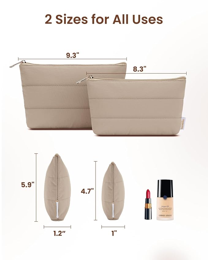 Wandering Nature Small Makeup Bag 2 Pack Cosmetic Bag for Purse, Puffer Quilted Makeup Pouch, Cute Travel Pouch with Zipper for Women, Khaqi