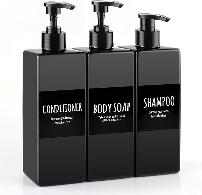 Deroanbot 3 Black Plastic Bottles and Pump - Shower Soap and Shampoo Dispenser - 16.9 oz Reusable Bathroom Bottle