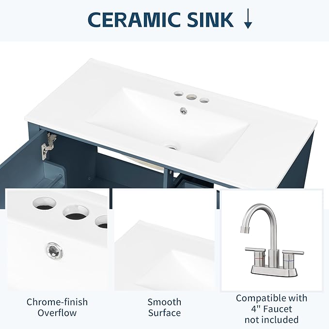 36" Bathroom Vanity with Sink, Harper & Bright Designs Free Standing Single Vanity Set with 3 Drawers and One Door with Storage Racks, Wooden Storage Cabinet with Ceramic Basin for Bathroom, Blue Grey