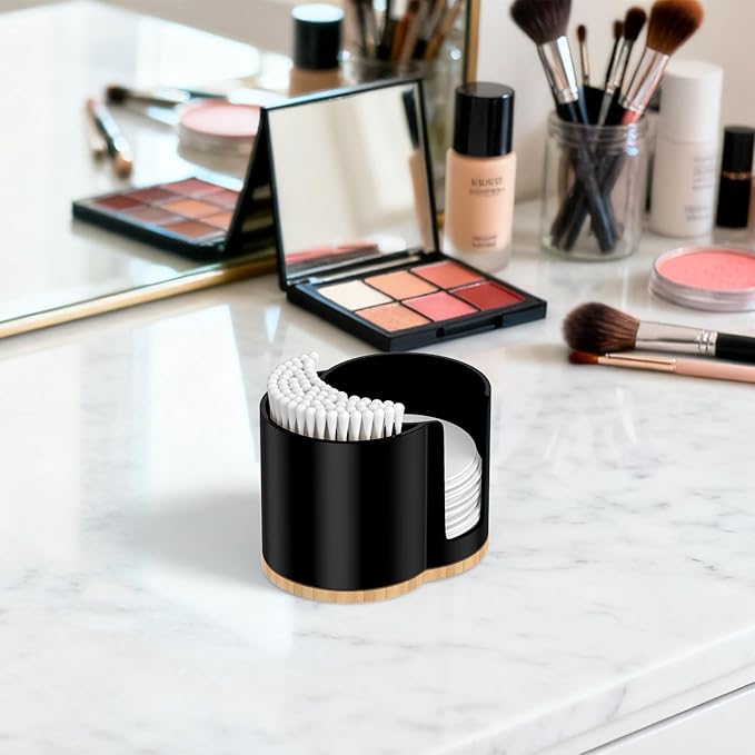 Cotton Pad and Swab Holder, Q tip Holder Round Cotton Pad Dispenser Plastic Cotton Swabs Dispenser, Bathroom Accessories Storage Organizer for Cotton Pads Floss Picks, Black