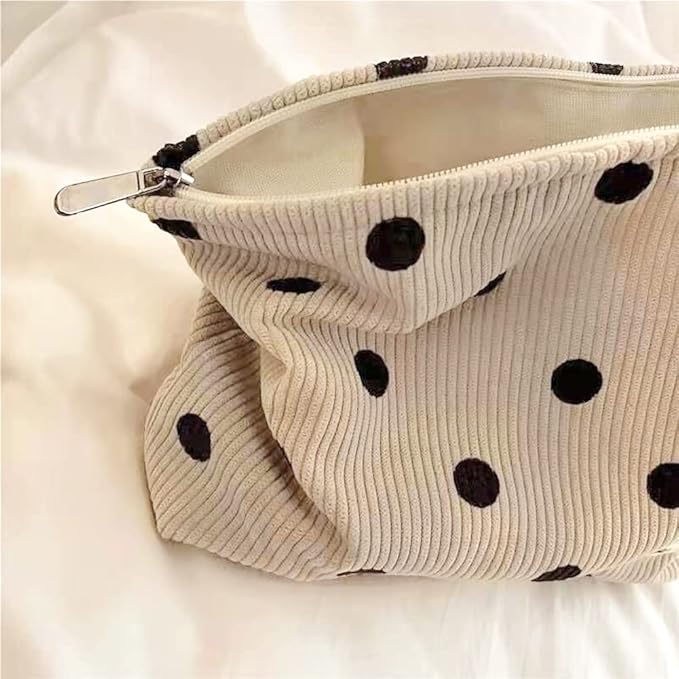 SxoSyo Cosmetic Bags for Women Makeup Bag Large Capacity Purse Travel Toiletries Zipper Storage Pouch Make up Brushes Organizer for Gifts (Corduroy, White dot)