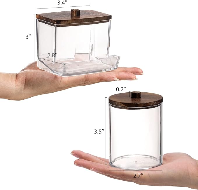 Tbestmax Qtips Holder Bathroom Container with Brown Wood Lids, 10/7 OZ Cotton Ball/Swabs Dispenser, Apothecary Organizer Jar for Storage 2 Pcs