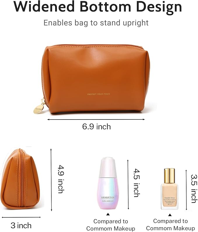 Aveniee Small Travel Makeup Bag, Vegan Leather Cosmetic Pouch for Purse,Wide-open Toiletry Organizer with Dividers & Zipper, Beauty Storage for Women-Brown