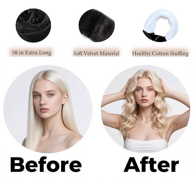 Heatless Curling Rod Set, 58inch Hair Curler Headband for Overnight Curls with 2Pcs Scrunchies and 1Pc Clip (Black)