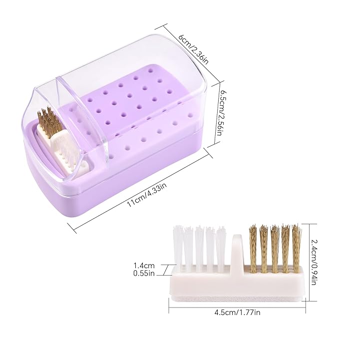 2 in 1 Nail Drill Bit Holder & Nail Drill Bit Cleaner Brush Case 30 Holes Dustproof Nail Drill Bit Display Stand Organizer Box Manicure Drill Bits Cleaning Brush Bits Storage Tool, Rose Red