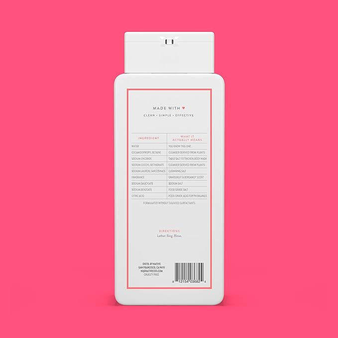 Native Body Wash Contains Naturally Derived Ingredients | For Women & Men, Sulfate, Paraben, & Dye Free Leaving Skin Soft and Hydrating | Grapefruit & Bergamot 18 oz - 2 Pk
