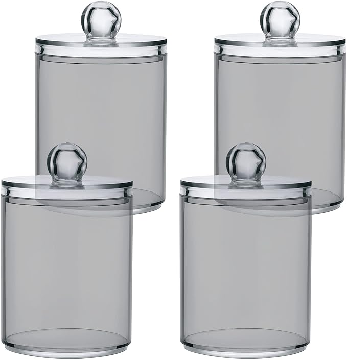 Grey Qtip Holder Organizer Dispenser Cotton Swabs Cans Plastic Jars with Lid Set 4 Pack Bathroom Storage Canister for Cotton Ball Floss Cotton Pads