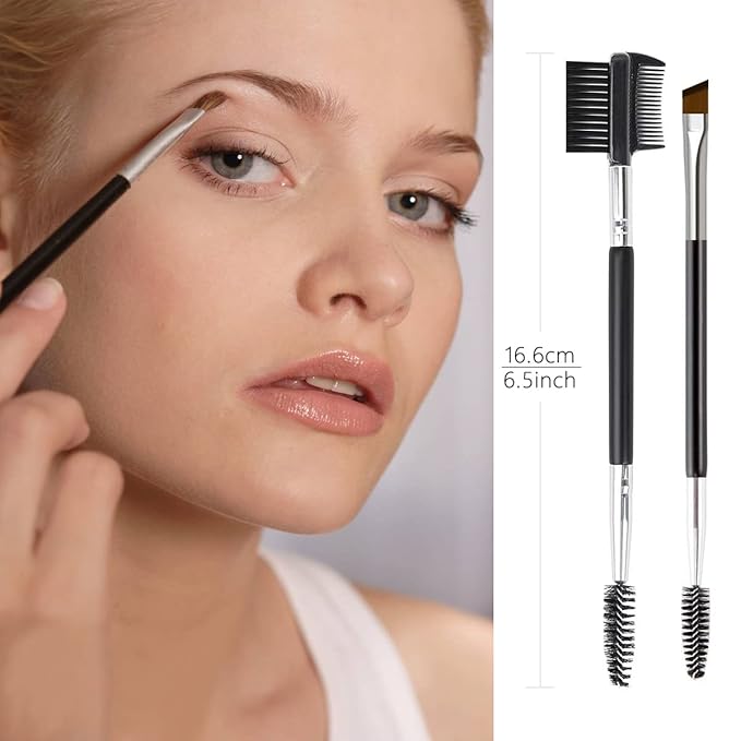 2PCS- 1 Eyebrow Brush + 1 Eyelash Shaper, Professional Double-Ended Angled Eye Brow Spoolie Brush, 3 Head Eyelash Comb Double Head Brushes, Makeup Grooming Tools Brushes for Shaping Brow Lashes