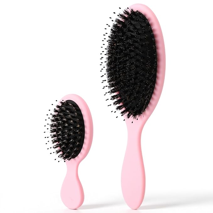 2 Pcs Pink Boar Bristle Hair Brush Set Full-size and Travel Size Soft Boars Hairbrushes Natural Bristle Detangling Brush for Women Men Thick Curly Hair Detangling Soften Silky Shine