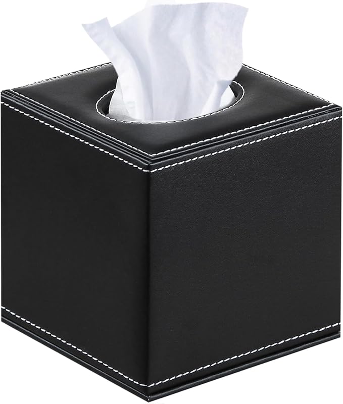 Leather Tissue Box Cover Square,Upgrade 99% Compatible Large Size,Modern Tissue Box Holder for Napkin Facial Paper,Dryer Sheet Dispenser Organizer for Bathroom Vanity Countertop,Night Stand Black