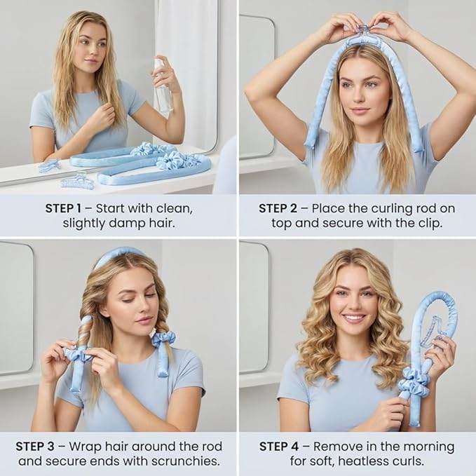 My Beauty Spot 4-Piece Ultra-Soft Satin Heatless Curling Set - Overnight No Heat Hair Curler Rod for Medium to Long Hair - Includes 2 Scrunchies & Clip
