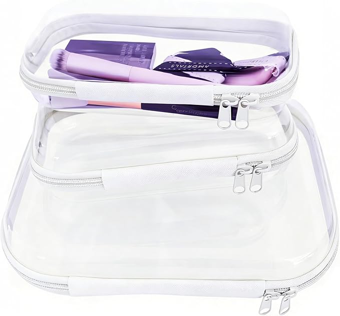 3 Pcs Clear Hard Zipper Case, Hard Shell Plastic Clear Organizer Bag, Transparent Makeup Pouches, Portable Box for Travel Toiletries Storage Bins (White)