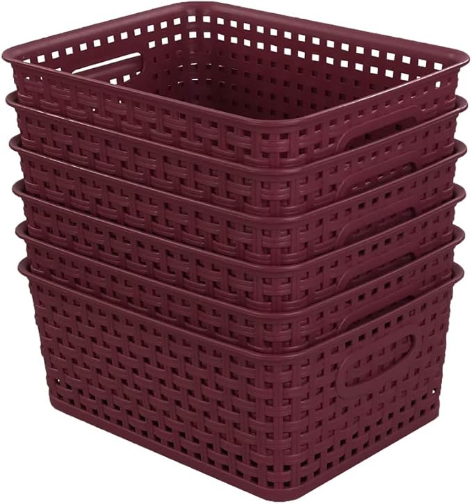 Sandmovie Plastic Weave Storage Baskets for Kitchen Bathroom, Wine Red, 6 Packs, F