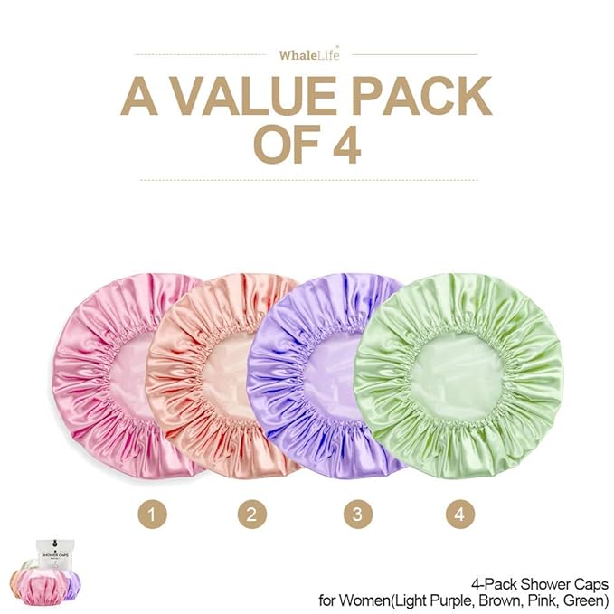 Shower Cap for Women Reusable Extra Large Shower Caps for Men Satin Double Layer EVA Waterproof Long Hair Caps(Light Purple, Brown, Pink, Green 4 Pack)