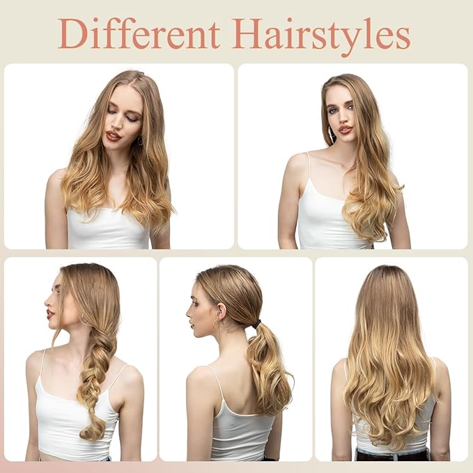 SARLA Clip in U Part Hair Extensions Synthetic Long Wavy Curly Thick Full Head Hairpiece for Women Light Auburn 24 Inch