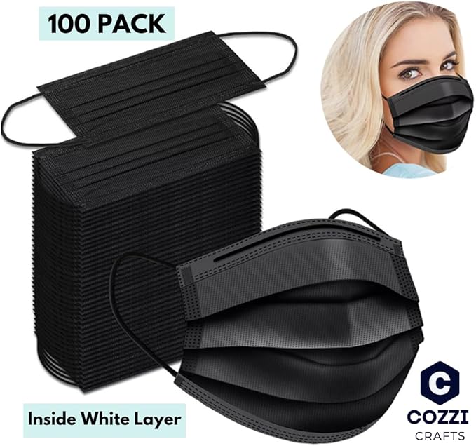 Black Face Masks, 3-Ply Black Masks Disposable 100 Pk (Premium Comfort Soft White Inside) Breathe Easy