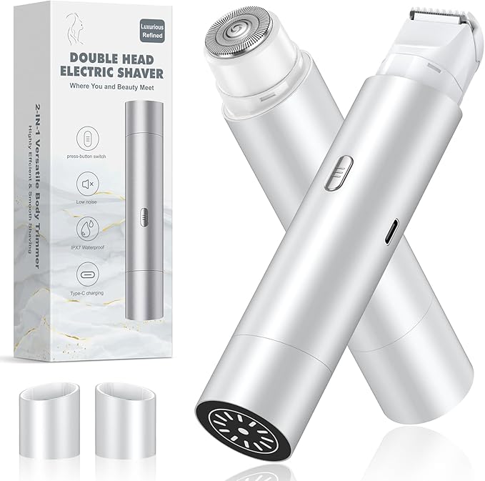Bikini Trimmer for Women, Dual Head Face Shaver Body Hair Trimmmer, IPX7 Waterproof Womens Electric Razor for Legs, Silver Grey