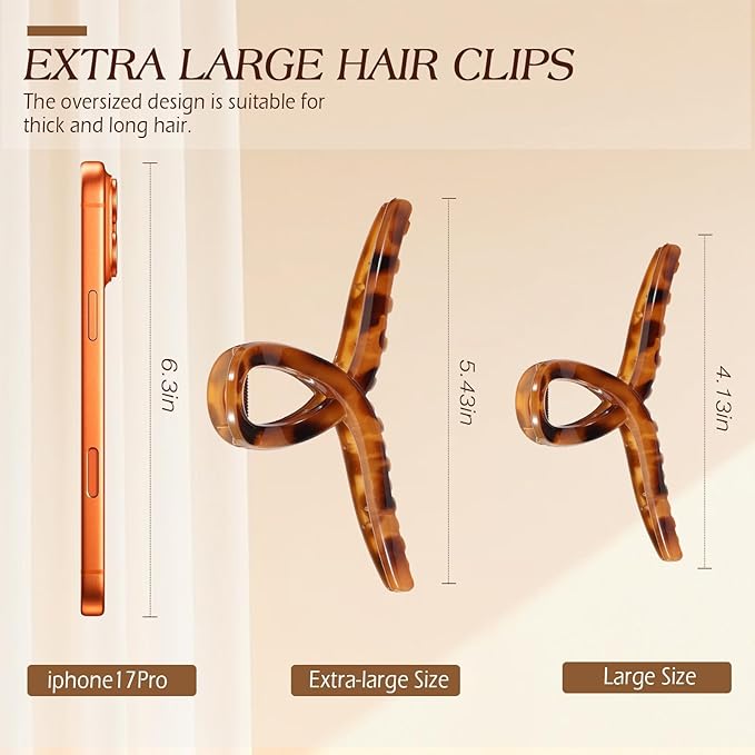 4PCS 5.43 Inch Tortoise Shell Claw Clip for Women, Extra Large Claw Clips for Thick Long Curly Hair, Strong Hold Hair Clip, Non-slip Elegant Butterfly Durable Hair Accessories