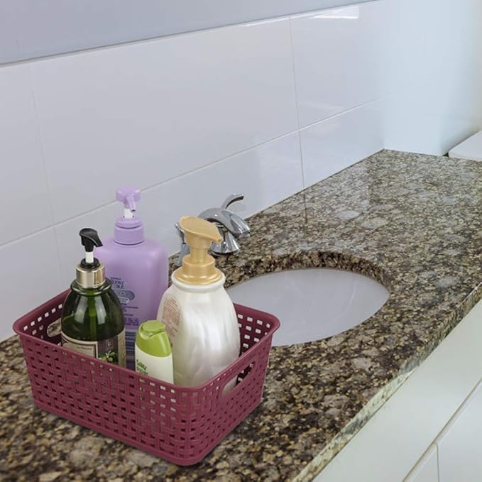 Sandmovie Plastic Weave Storage Baskets for Kitchen Bathroom, Wine Red, 6 Packs, F