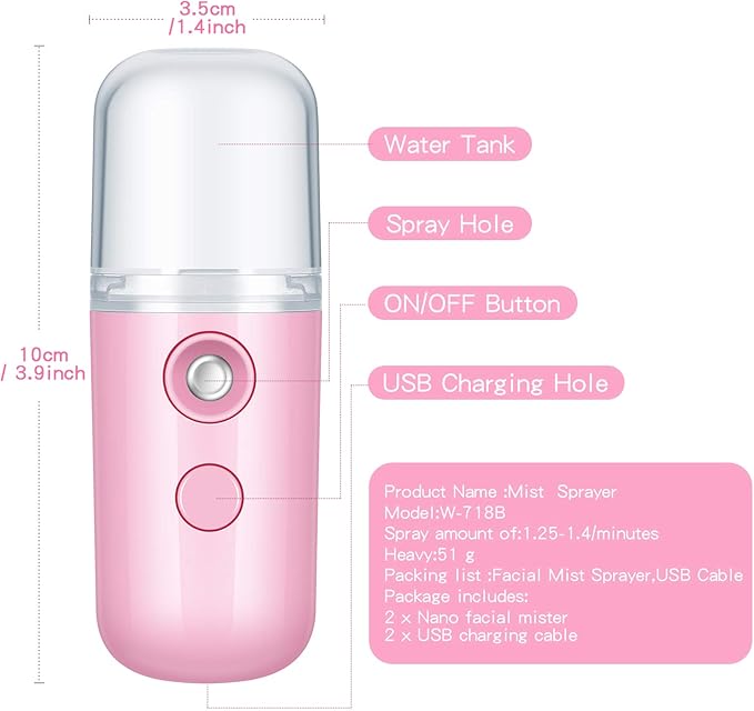 Honoson 2 Pack Nano Facial Mister Spray Bottle Handheld Humidifier Portable Face Mister for Eyelash Extensions USB Rechargeable 1 oz Mini Skin Care Machine for Daily Makeup(Dark Pink and White)