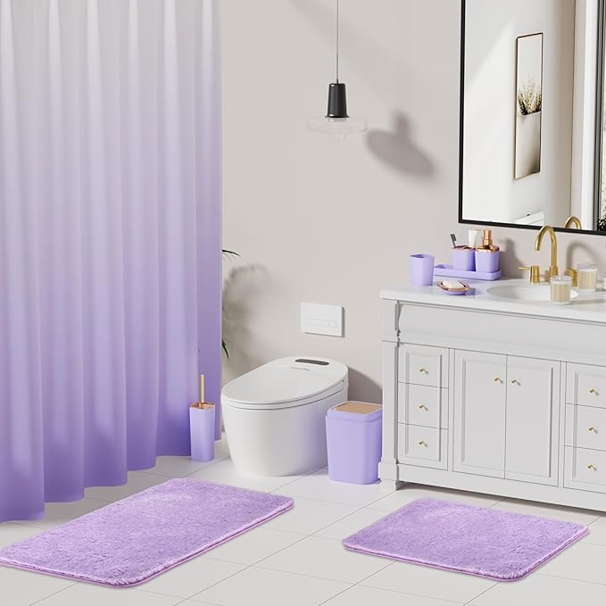 Bathroom Accessory Set–Bathroom Sets with Shower Curtain and Rugs, Non Slip Bathroom Rugs Super Absorbent, Light Purple Ombre Shower Curtain with Hooks, Lavender Bathroom Sets Complete for Home