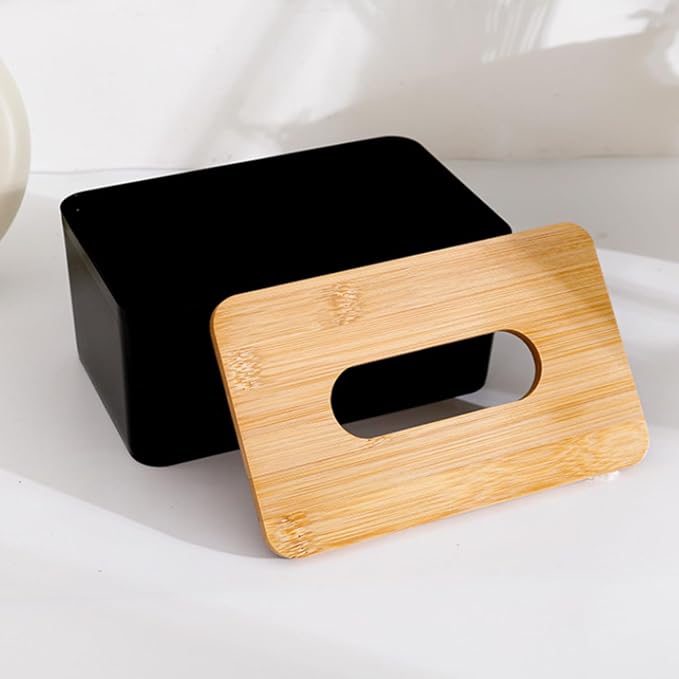 Tissue Box with Bamboo Cover,Plastic Tissue Organizer,Bathroom Tissue Dispenser for Home,Bedroom,Office,Living Room,8.1×4.6×2.9 in (Black)
