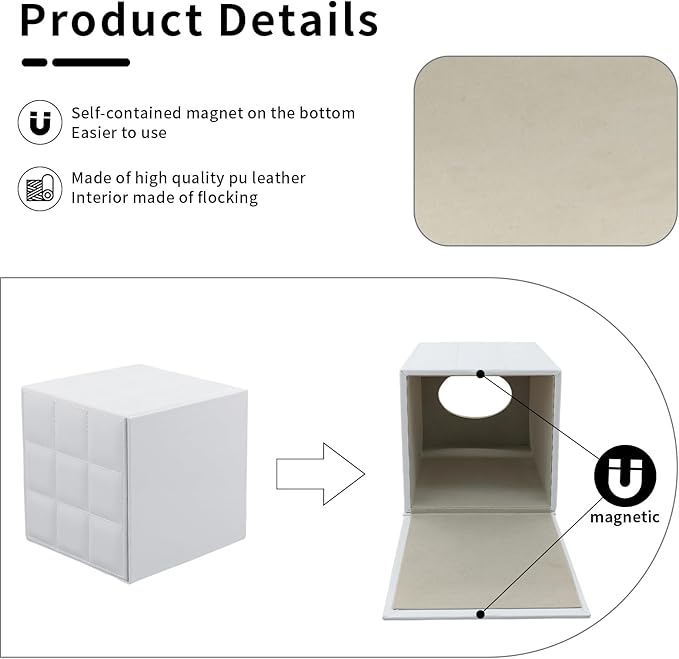 Tissue Box Cover Square Tissue Box Holder PU Leather Facial Organizer with Magnetic Bottom,Decorative Napkin Caddy for Vanity Dresser Night Stand Table Countertop Home Office Car,White