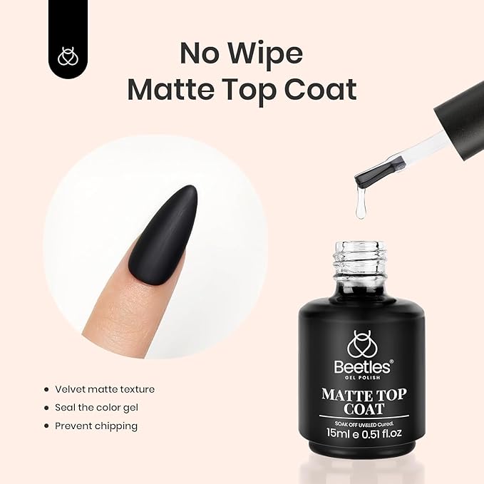 Beetles Matte Gel Top Coat No Wipe Top Coat Gel Nail Polish & Base Coat Set, 3Pcs 15ml Nail Polish Long Lasting Basic Combination, Soak Off LED Nail Lamp Art DIY Design Gifts for Women Her