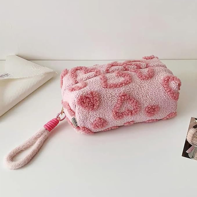 SxoSyo Makeup Bag for Women Cosmetic Bags Large Make up Brushes Pouch Travel Toiletry Purse Zipper Storage Organizer for Gifts (heart, pink)