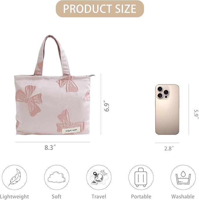 Wudygirl Bow Makeup Bag Travel Cosmetic Bag for Women Small Makeup Pouch with Handle Zipper Cosmetic Pouch Handbag Aesthetic (Pink Bow)