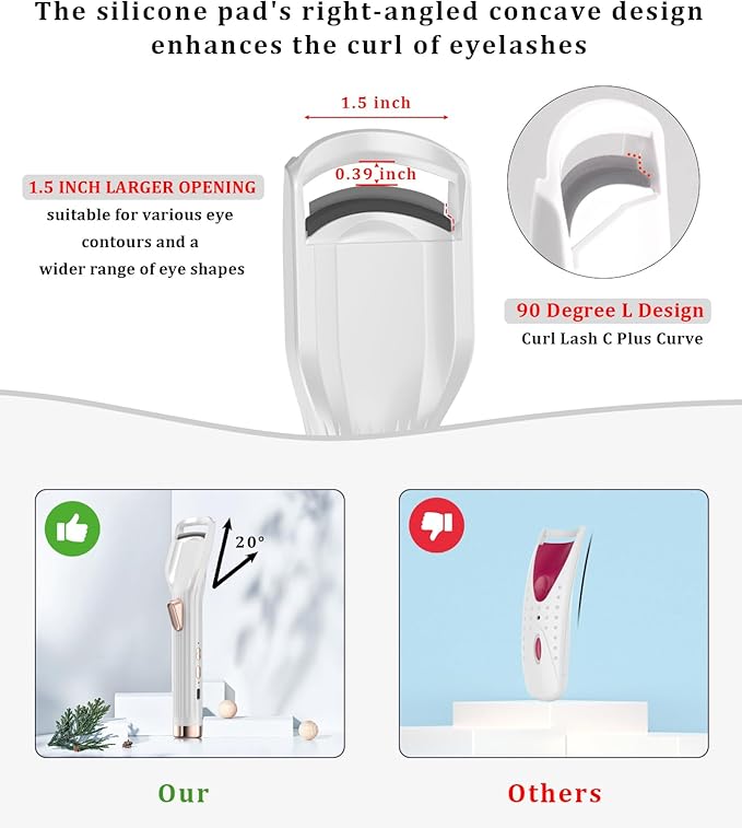 Heated Eyelash Curler Premium PRO - Fast Heat up in 8s - 24 Hours Long Lasting - Rechargeable Electric Eyelash Curler with Type-C, Innovative L Silicone, 2 Heat Modes, Anti-Burn Eyelid, White-GA