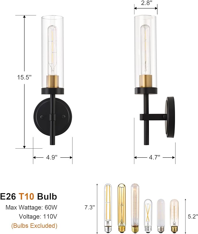 Black and Gold Hardwired Wall Sconces Set of 2, Modern Bathroom Vanity Sconces Wall Lighting with Clear Glass Shade, Farmhouse Wall Mount Lights for Mirror Bedroom Living Room Hallway Kitchen