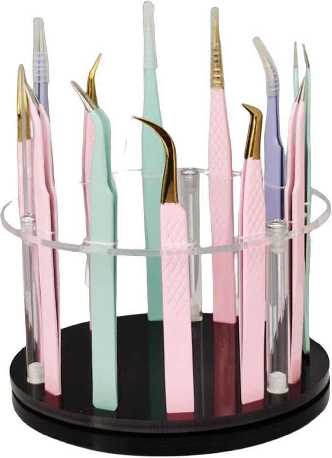 12 Holes Acrylic Rotatable Tweezers Holder, Eyelash Makeup Grafting Tweezer Display Stand Extensions Organizer Training Rack Beauty Tools (Black)