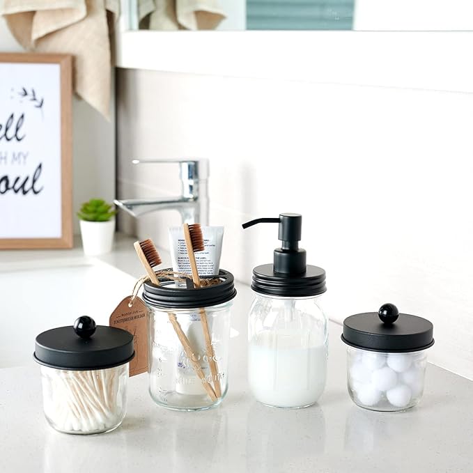 Amolliar Mason Jar Bathroom Accessories Set(4 Pcs) -Lotion Soap Dispenser &Cotton Swab Holder &Toothbrush Holder-Rustic Farmhouse Decor Apothecary Jars Vanity Organizer-Rustic Farmhouse Decor (Black)