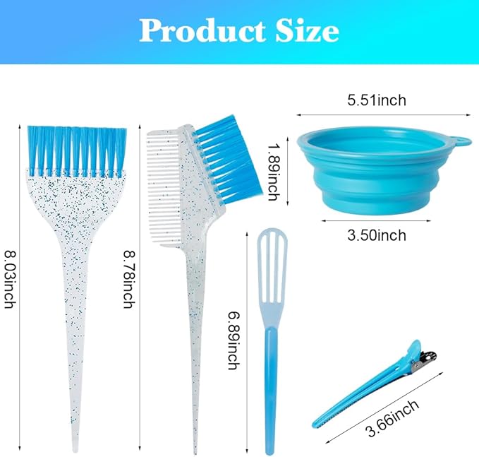 Hair Dye Color Brush and Bowl Set, Color Bowl Brushes Tool Mixing Bowl Kit Tint Comb for Hair Tint Dying Coloring Applicator (Light Blue&Clear)