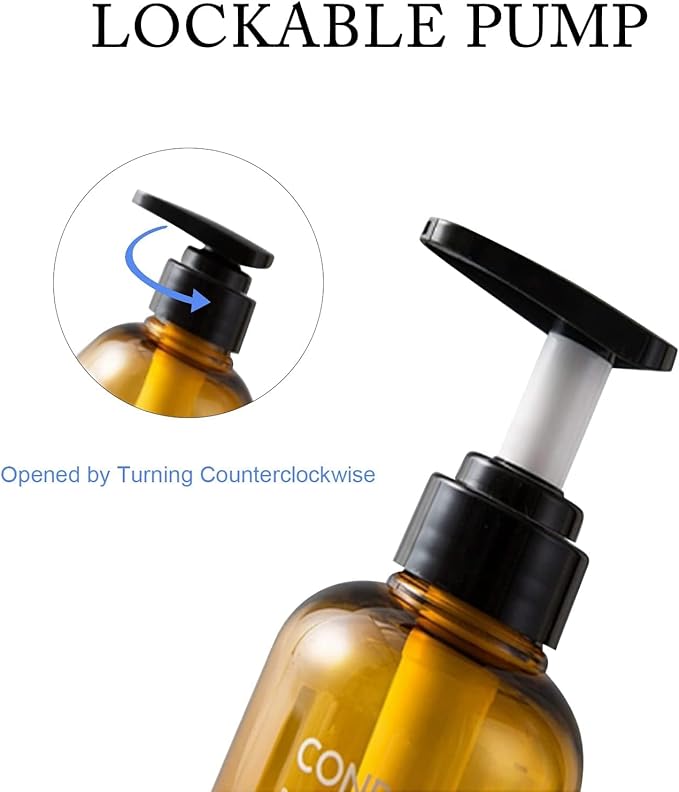 3pcs Refillable Shampoo and Conditioner Bottles, 10oz/300ml Shampoo Conditioner Body Wash Dispenser for Hotel Bathroom, 3pcs Plastic Shampoo Bottles with Pump (Amber)