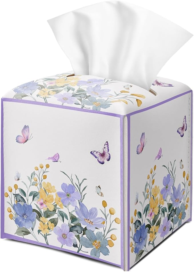 Butterfly Purple Floral Tissue Box Cover Square with Bottom Belt, Leather Waterproof Tissue Holder Facial Paper Case for Tabletop Home Office Bathroom Car Decor -08