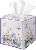 Butterfly Purple Floral Tissue Box Cover Square with Bottom Belt, Leather Waterproof Tissue Holder Facial Paper Case for Tabletop Home Office Bathroom Car Decor -08