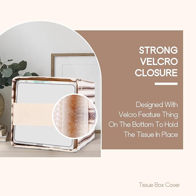 Tissue Box Cover, Fabric Tissue Box Holder Square, Stylish Reusable Toilet Paper Storage, Modern Bathroom Counter Organizer Decorations Accessories,Ticking Stripe 5''x5''x5'' (Light Brown)