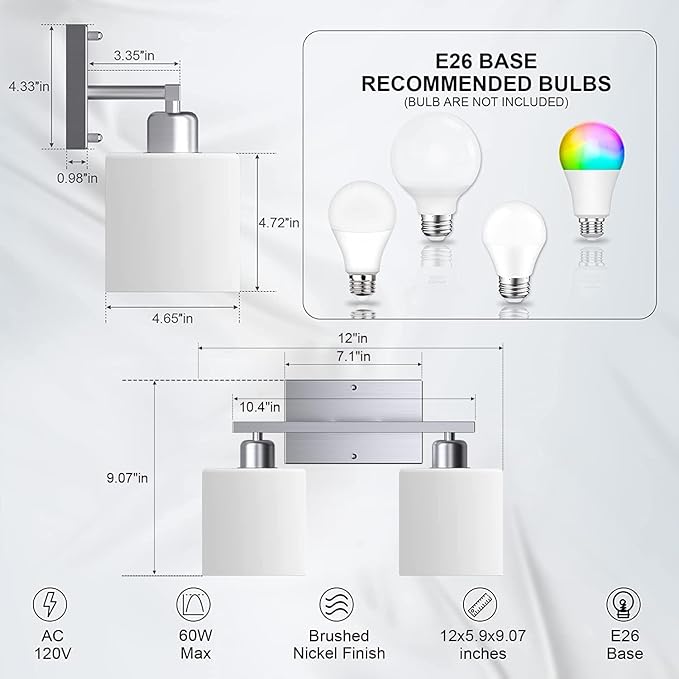 Bathroom Vanity Light Fixture Over Mirror with Brushed Nickel, Modern 2-Light Wall Sconces Lighting for Bedroom,Living Room,Decor White Glass Shades,E26 Standard Base,Bulbs Not Included