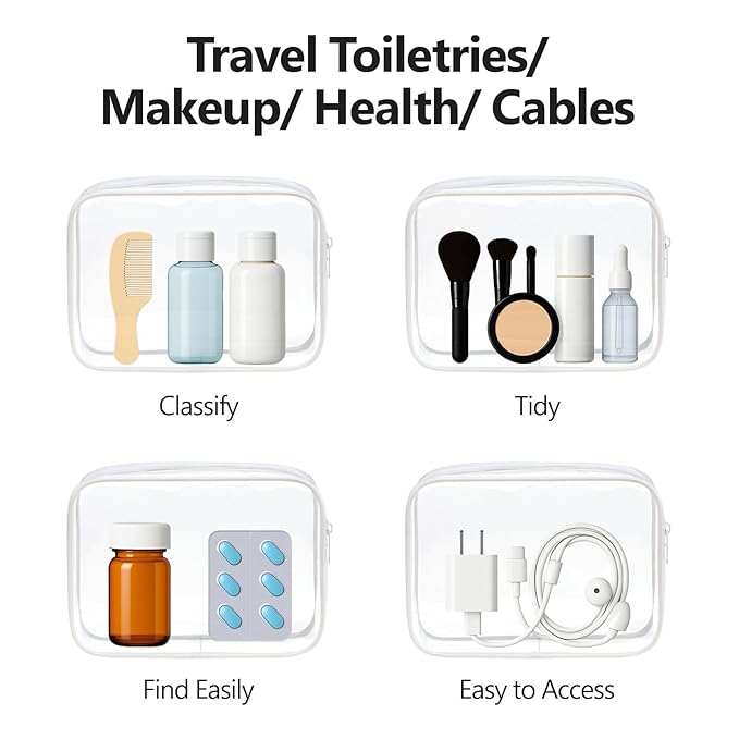 PACKISM TSA Approved Toiletry Bag - Clear Makeup Bag 3 Pack Medium, Quart Size Bag for 3-1-1 Liquids with Metal Smooth Zipper, Travel Makeup Bag for Women Men, Airport Airline Compliant Bag, White
