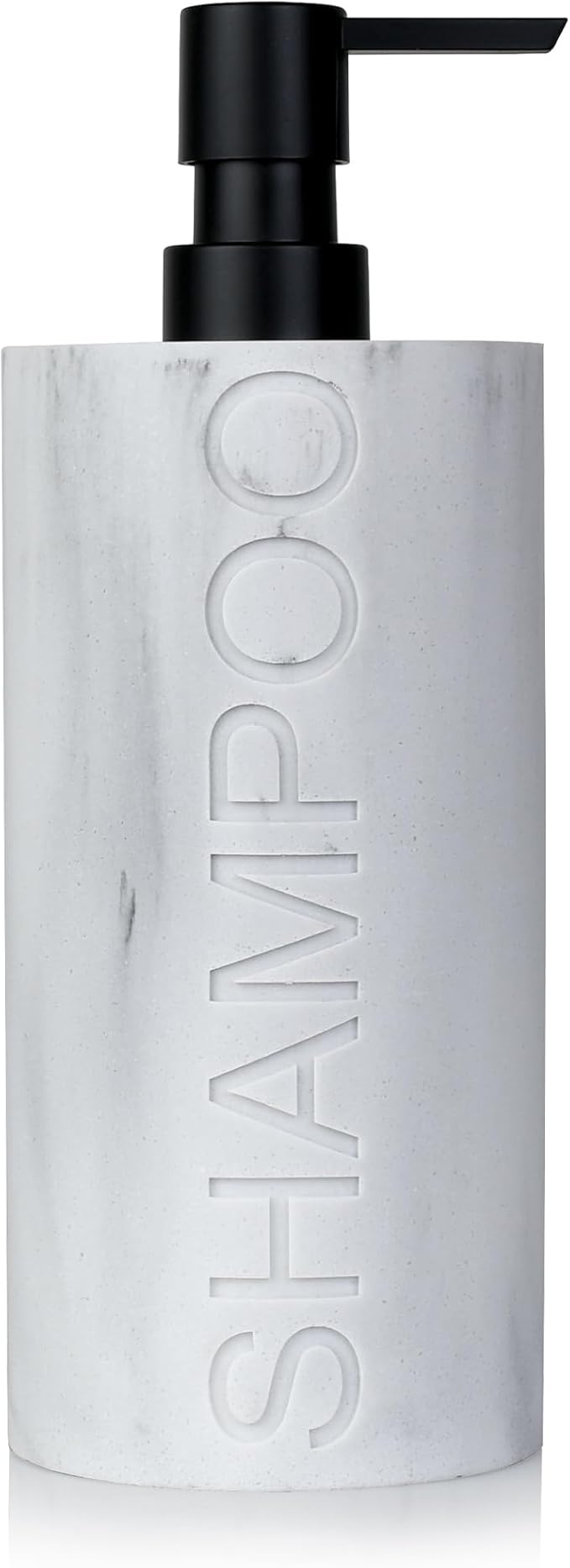 Resin White Marbled Shampoo Engraved Bottle Refillable Pump Dispenser, Durable Waterproof Construction for Bath, Shower - Resin White Marble - Matte Black Pump