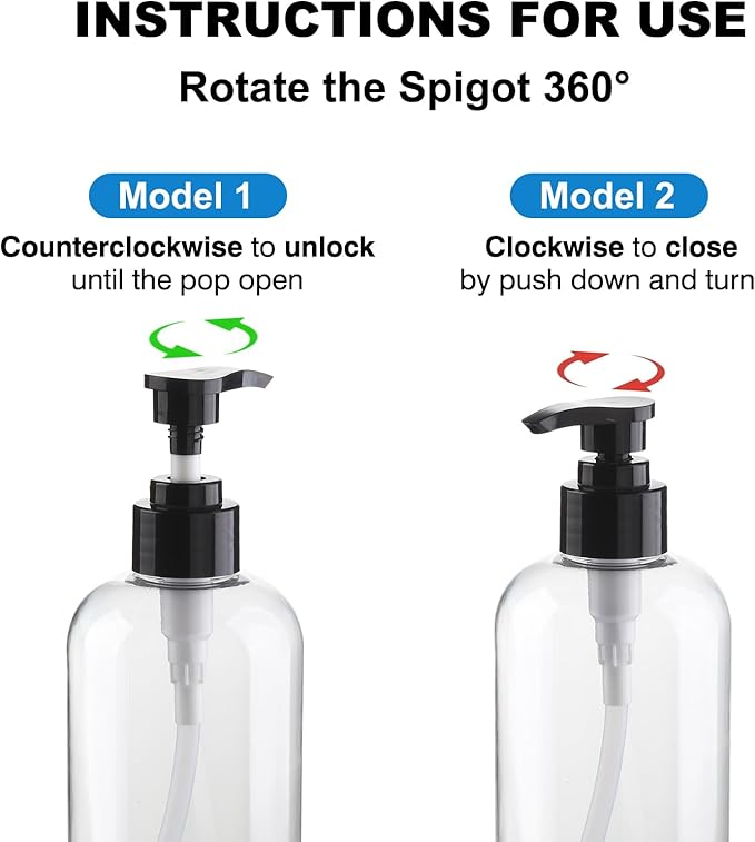Empty Pump Bottles Dispenser 12.85oz/380ml, Refillable Clear BPA-Free Plastic Pump Bottle for Shampoo, Lotion, Soap and Massage Oil, 2 Pack