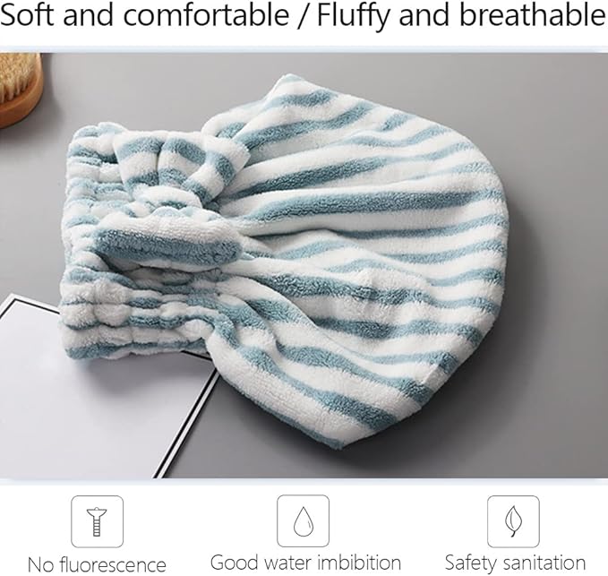 Microfiber Hair Towel Cap,Soft Absorbent Quick Drying Cap for Curly Thick Hair, Wrap Cap for Women Girls-Set of 2 Pcs（Blue White/Gray White）