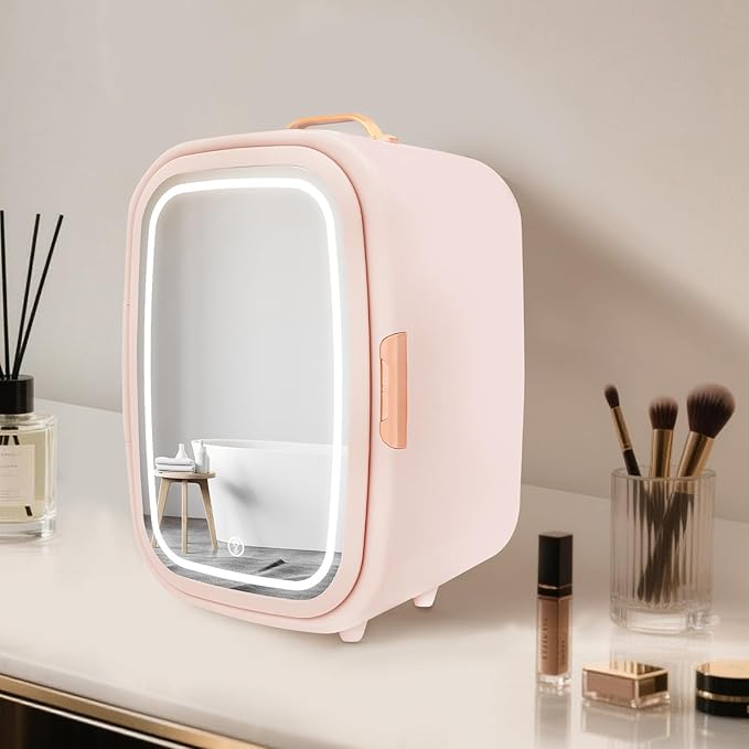 Cosmetic Fridge with LED Mirror & Adjustable Shelves, 12V/110V Mini Skincare Refrigerator for Bedroom, Vanity, Office, 4 Gal, Gift for Women (Pink)