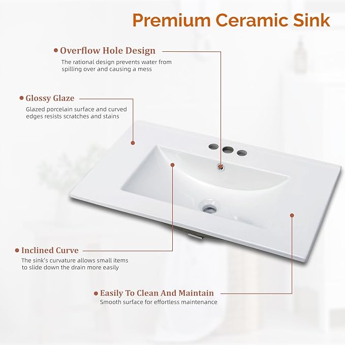 VINGLI 30 Inch Bathroom Vanity with Sink, Mid Century Modern Freestanding Cabinet with Ceramic Top, Fluted Soft-Close Doors & U-Shape Storage for Small Bathroom, Natural Oak