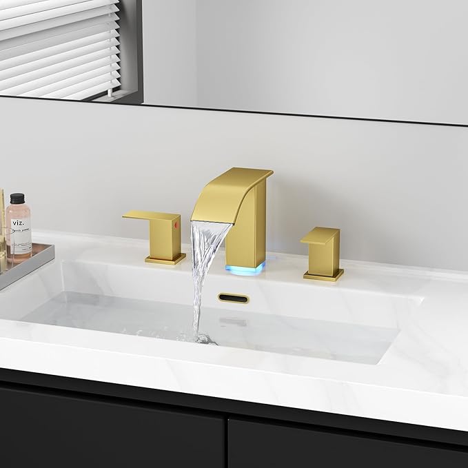 RUMOSE LED Bathroom Faucets Set Brushed Gold 8 inch Bathroom Sink Faucet 3 Hole with Pop Up Drain Widespread Waterfall Vanity Faucet with 3 Colors Light Changing Stainless Steel Deck Mounted