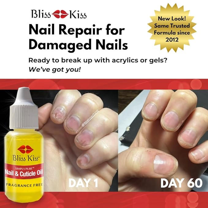 Bliss Kiss | Fragrance Free | Nail Oil Cuticle Dropper w/Vitamin E & Jojoba⏤Nail Strengthener Nail Growth Oil and Serum for Brittle Peeling Breaking Thin Nails | 0.5oz |
