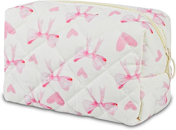 Quilted Makeup Bag Floral Cotton Make up Bag Puffy Coquette Makeup pouch Aesthetic Cute Travel Toiletry Bag for Women Girls