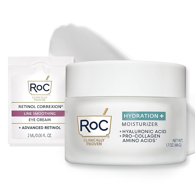 RoC Hydration+ Hyaluronic Acid Moisturizer Face Cream Fragrance Free Sensitive Face Moisturizer with Collagen Proteins 1.7 Ounces with Retinol Eye Cream Packette